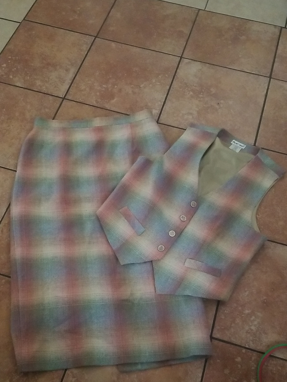 Pastel Plaid Midi Dress Skirt and Vest Set